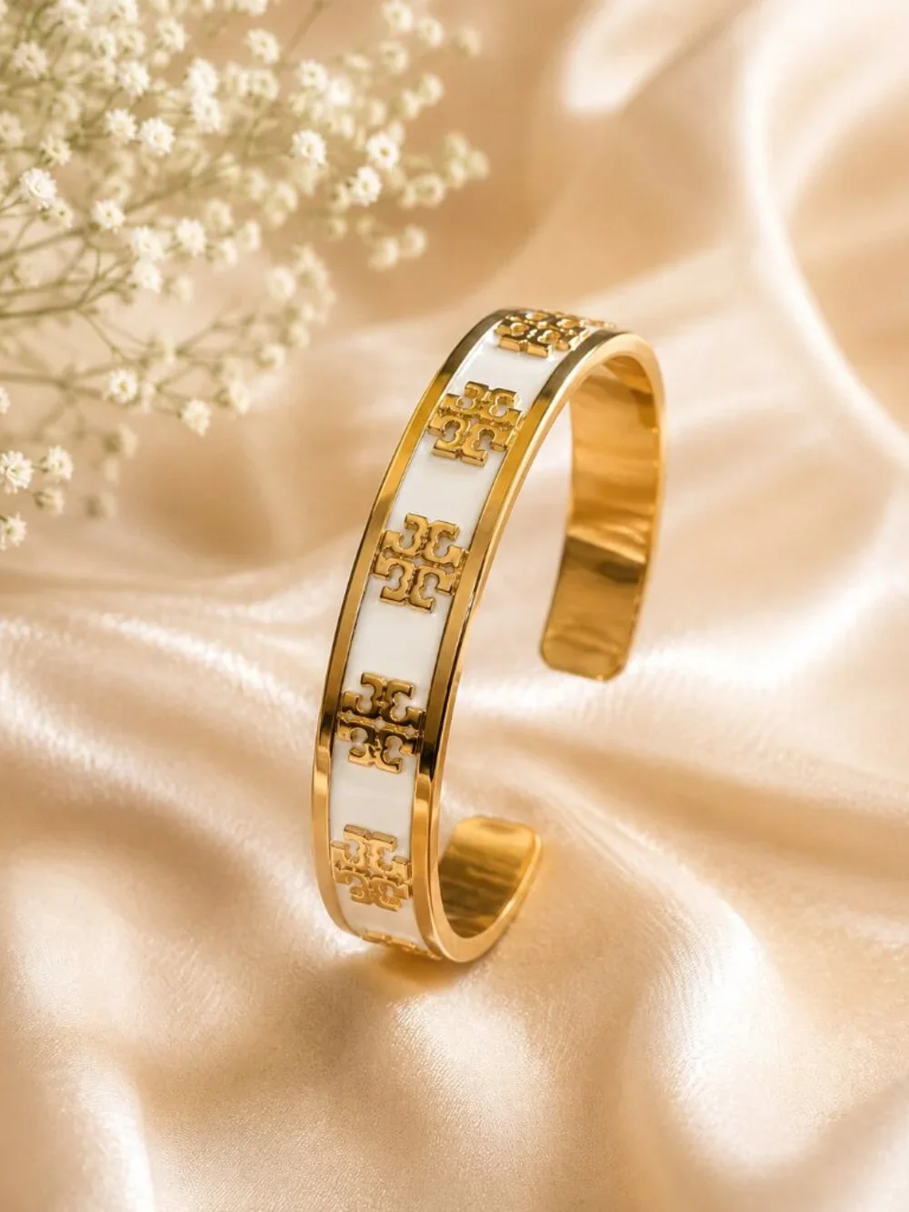 Tory Burch Gold Ivory Stud Hoop HUGGIE Earrings and Enamel Logo Cuff Bracelet